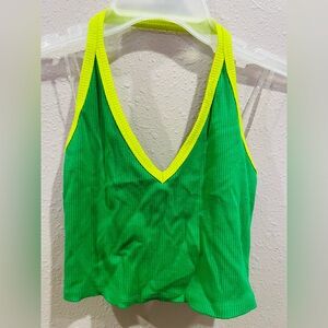 Green Ribbed V-Neck Tank with Neon Yellow Trim